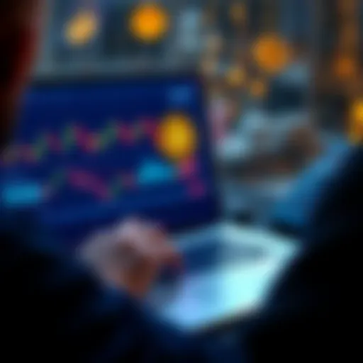 A person analyzing Bitcoin prices on a laptop with cryptocurrency charts on the screen