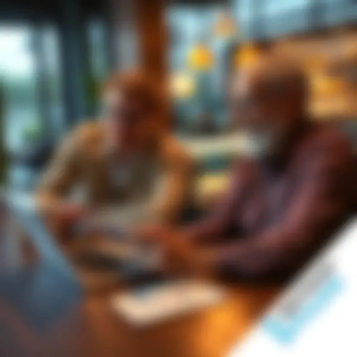 A college grad and a retiree discussing Bitcoin investments at a coffee shop, with papers and a laptop on the table, showing charts and graphs.