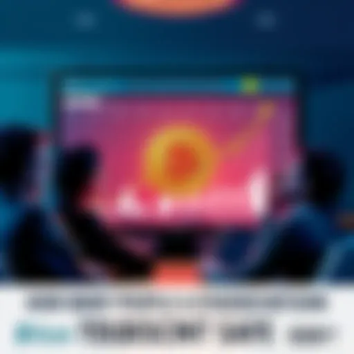 A group of people discussing Bitcoin investment trends, with charts and graphs showing growth on a screen.