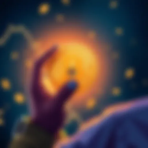 An illustration showing a person looking at a Bitcoin symbol while holding small coins, representing small investment options.