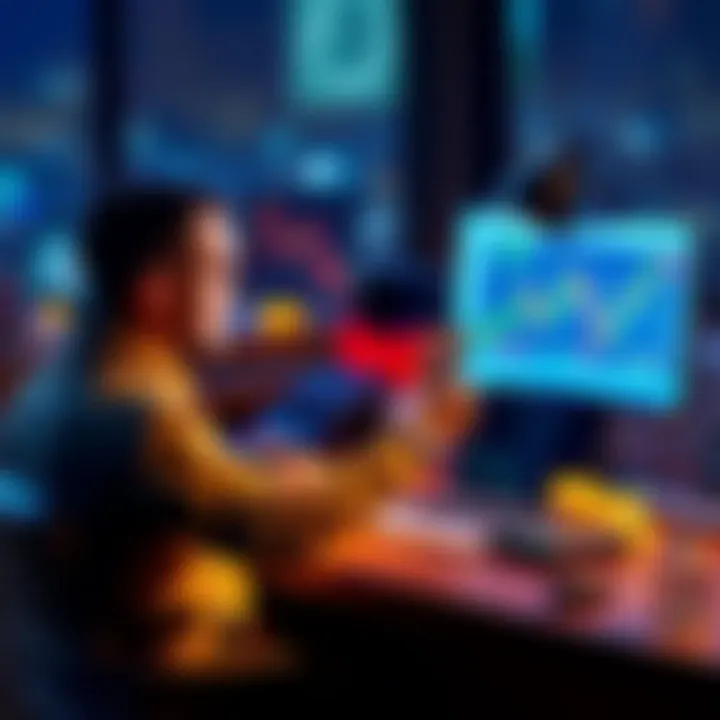 A person sitting at a desk with a laptop, displaying a Bitcoin chart, while holding a $50 bill, symbolizing weekly Bitcoin investment.