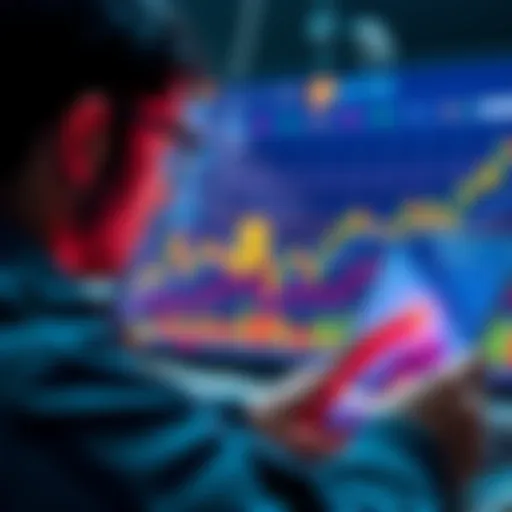 A graphic showing a person analyzing Bitcoin trends and charts for strategic investing.