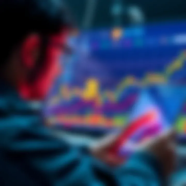 A graphic showing a person analyzing Bitcoin trends and charts for strategic investing.