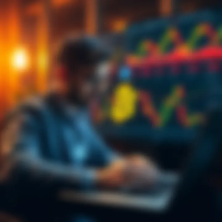 A person considering a $200,000 investment in Bitcoin during a market dip, looking at charts and graphs on a laptop