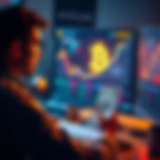 A person analyzing Bitcoin trends on a computer while holding a dollar bill, symbolizing dollar-cost averaging in cryptocurrency.