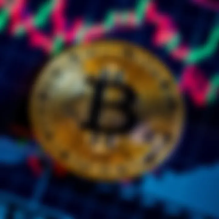 Bitcoin investment trends A close-up of a Bitcoin coin surrounded by graphs showing market trends and price fluctuations
