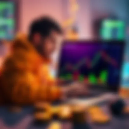 A Bitcoin investor analyzing Ethereum charts with a laptop and digital currency symbols around them.