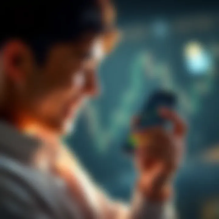 A person smiling while looking at their phone with Bitcoin charts on the screen, showing excitement about their investment in crypto.