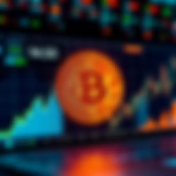 The Bitcoin logo displayed on a digital screen with graphs showing stability and growth.