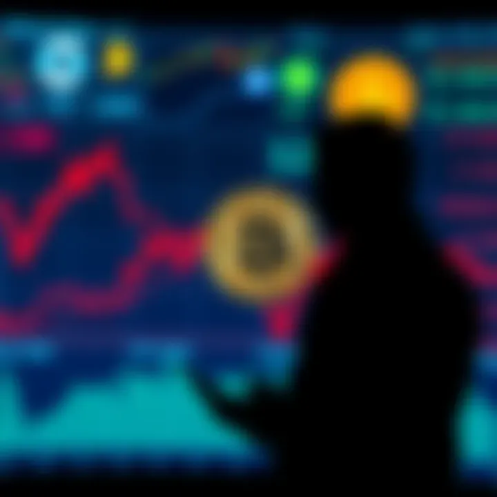 A chart showing Bitcoin's value trends with a silhouette of a person analyzing it. The background has digital currency graphics.