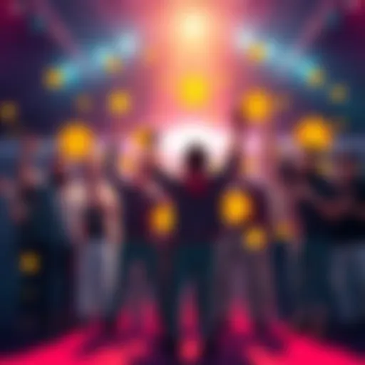 Group of Bitcoin maximalists celebrating their success in a vibrant setting with Bitcoin symbols in the background