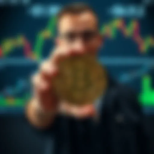 A person holding a Bitcoin symbol with financial charts in the background, representing a new approach to finance.