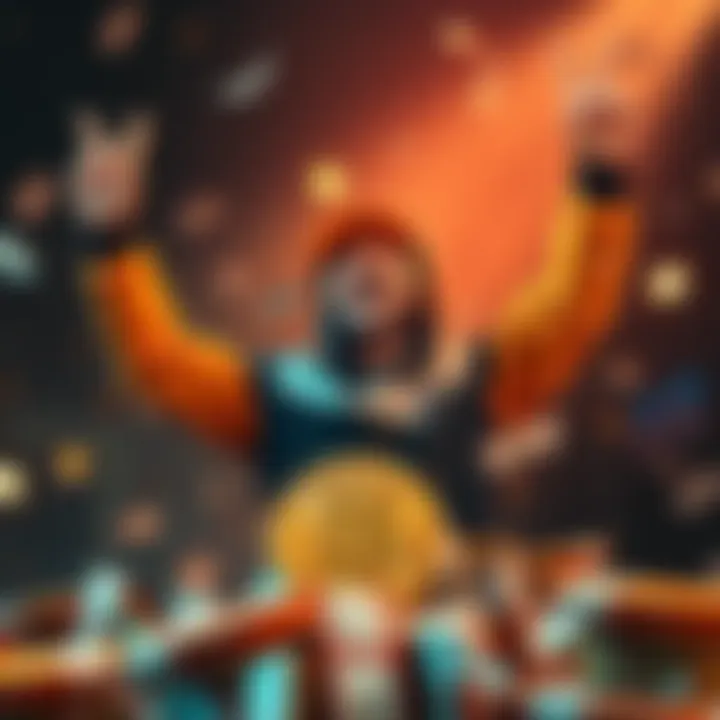 A solo miner celebrates winning 3.137 BTC after mining a block, featuring a Bitcoin symbol and cash notes around them.