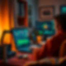 A person using a laptop to mine Bitcoin in a cozy home setting, with charts and graphs on screen showing data related to cryptocurrency.