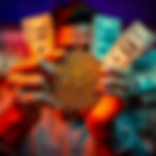 A person holding a Bitcoin symbol with a questioning look, surrounded by various dollar bills, illustrating skepticism about Bitcoin's legitimacy.