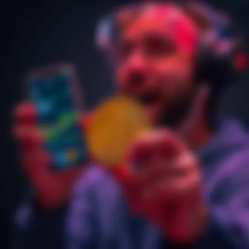 A person holding a physical Bitcoin in one hand, looking excited, with a smartphone displaying cryptocurrency graphs in the background.
