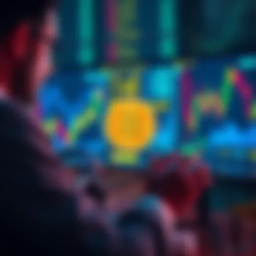 A calm investor looking at cryptocurrency graphs on a screen, illustrating patience during market fluctuations.