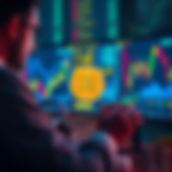 A calm investor looking at cryptocurrency graphs on a screen, illustrating patience during market fluctuations.
