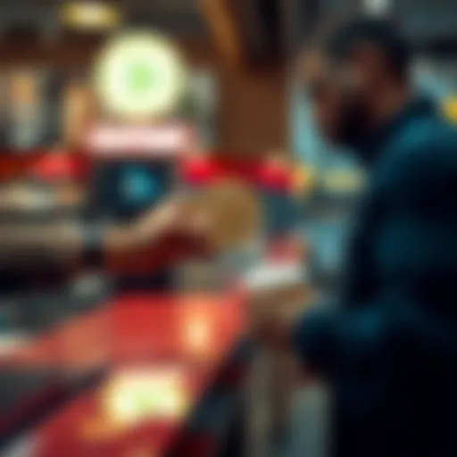 A customer paying with Bitcoin at a popular US coffee chain, with a cup of coffee in hand