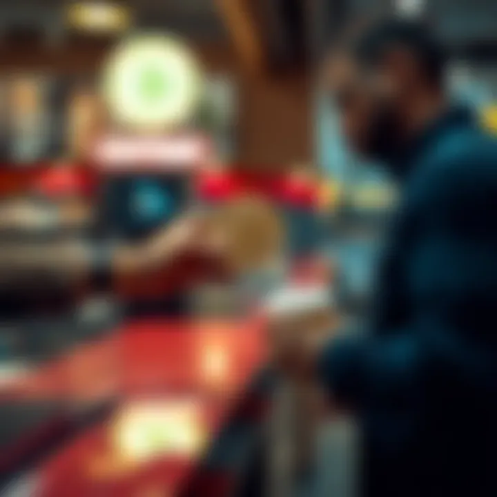 Bitcoin payment at coffee shop A customer paying with Bitcoin at a popular US coffee chain, with a cup of coffee in hand