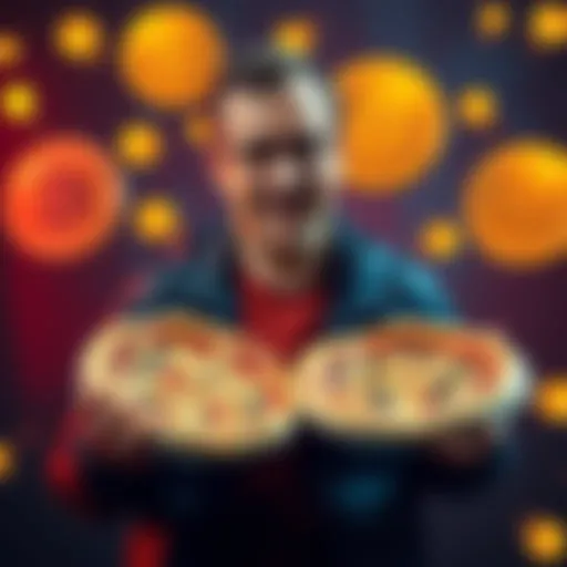 Laszlo Hanyecz holding two pizzas with Bitcoin symbols in the background