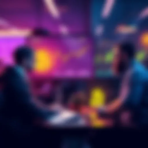 A group of experts discussing Bitcoin's future value in a casual setting, with charts and graphs illustrating trends in cryptocurrency.