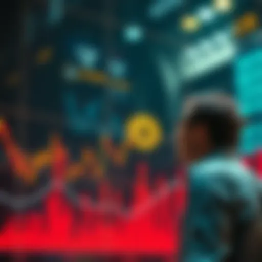 A chart showing a sudden decline in Bitcoin prices with a concerned investor looking at it