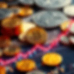 A downward graph showing Bitcoin's value plummeting following a government tariff announcement, with coins in the background