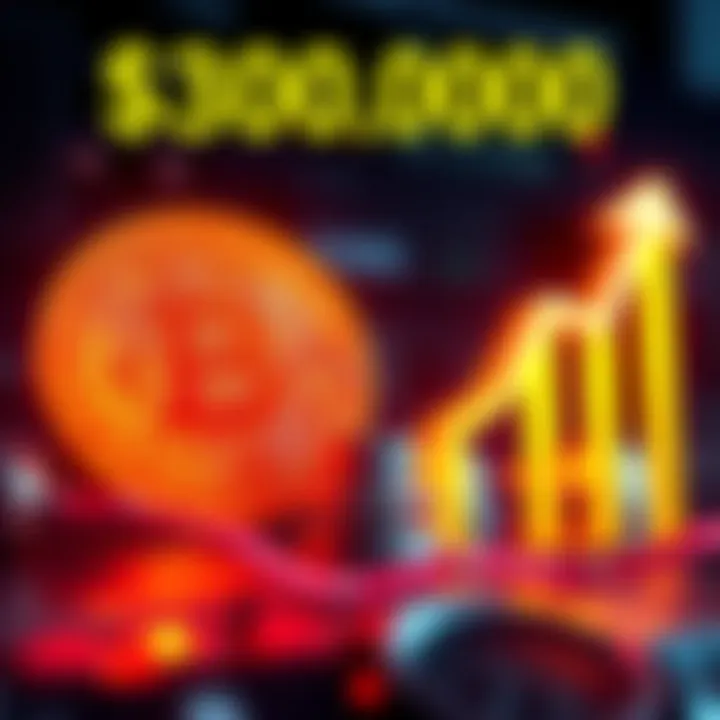 Graph showing Bitcoin price reaching $300,000 with upward arrows and bullish trend indicators