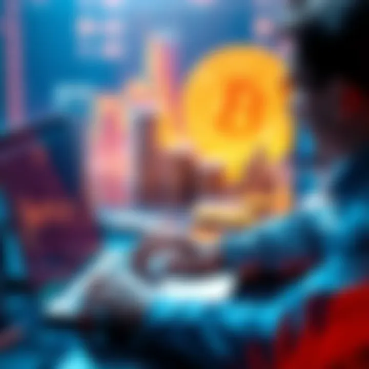 A person analyzing Bitcoin prices on a laptop with a chart and coins in the background