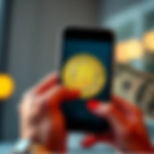 A person holding a smartphone displaying a Bitcoin symbol while looking at a physical dollar bill, representing the relationship between cash and cryptocurrency value.