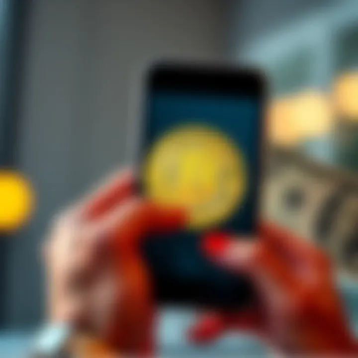 Bitcoin Purchase Concept A person holding a smartphone displaying a Bitcoin symbol while looking at a physical dollar bill, representing the relationship between cash and cryptocurrency value.