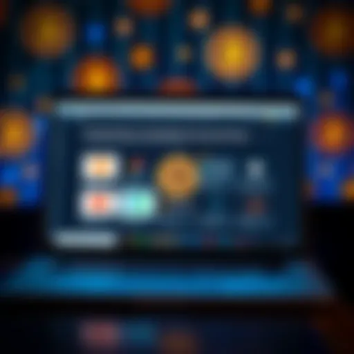 A laptop screen showing various cryptocurrency platforms for buying Bitcoin, with Bitcoin symbols in the background.