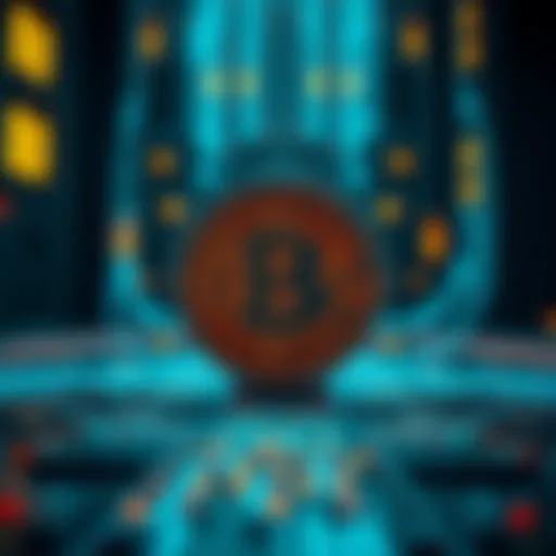 A digital representation of a Bitcoin symbol overshadowed by a quantum computer, illustrating potential risks to cryptocurrency.