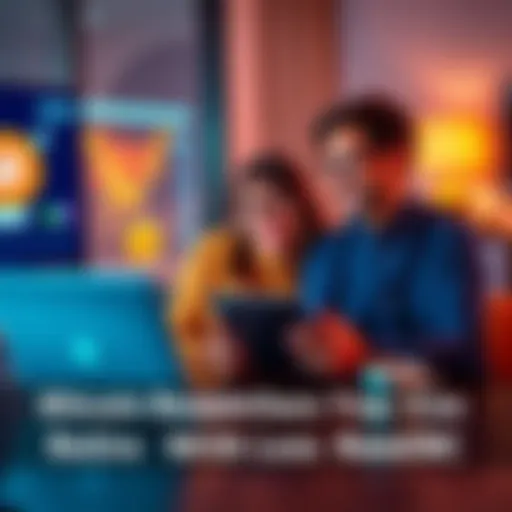 A happy couple reviewing their finances while sitting at a table with a laptop, coffee, and Bitcoin symbols on the screen, representing financial freedom.