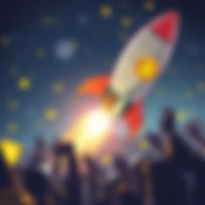 A cartoon rocket with a Bitcoin logo, soaring towards a $200,000 target with excited cryptocurrency fans cheering below.