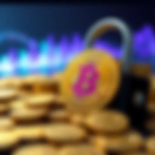 A visual representation of Bitcoin coins surrounded by a lock, symbolizing scarcity and value