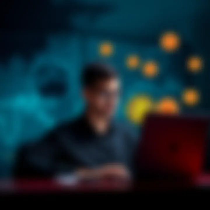 A person contemplating the launch of a Bitcoin sentiment website, with a laptop open and Bitcoin symbols around them.