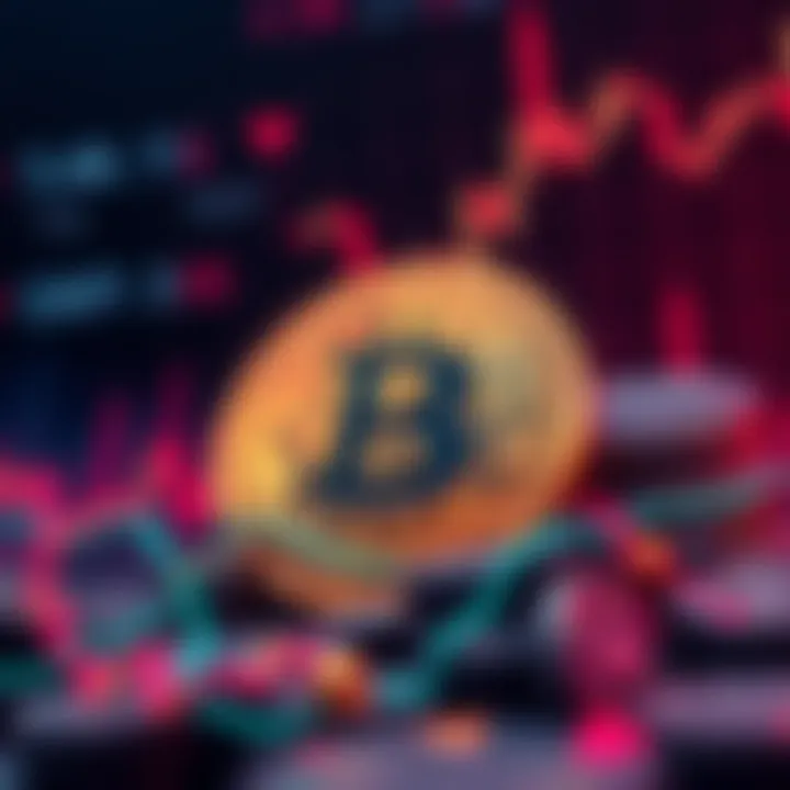 A visual representation of shorting Bitcoin with a bear market trend and financial graphs showing potential gains and losses.