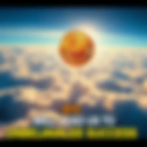 A depiction of a shiny Bitcoin rising above clouds, symbolizing growth and success in digital currency.
