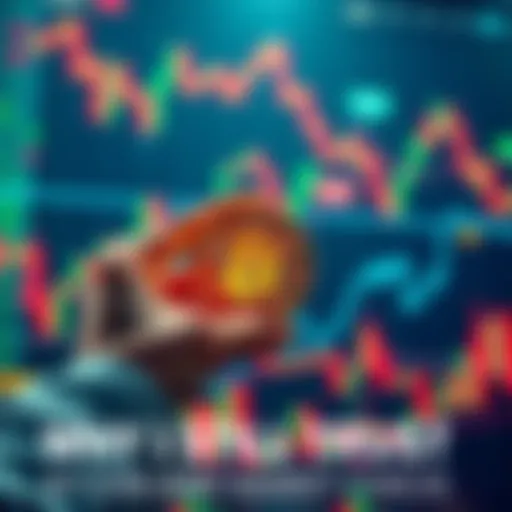 A person holding a Bitcoin symbol with a backdrop of fluctuating market charts, showing resilience amidst chaos.