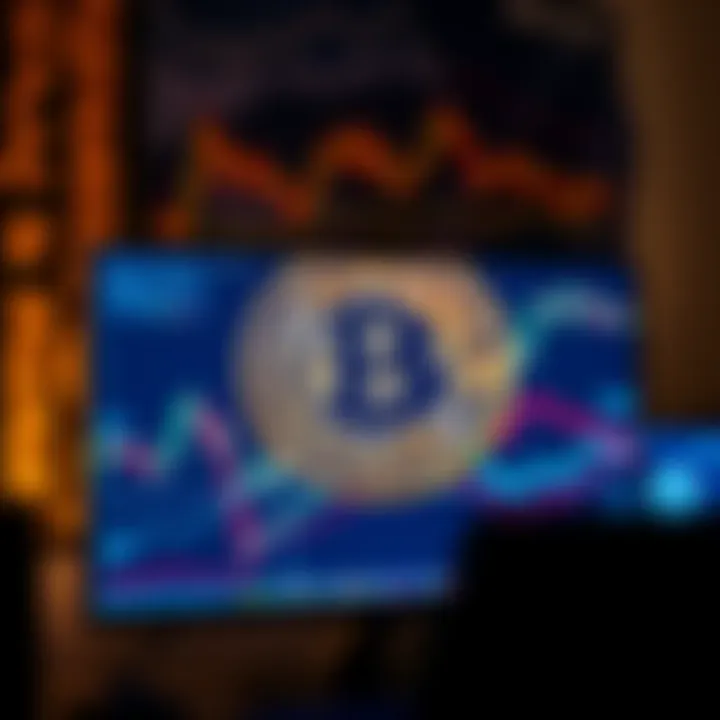 Bitcoin symbol on computer screen A computer screen displaying the Bitcoin symbol with graphs and data indicating stability and uptime during a financial disruption.