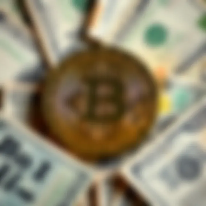 A Bitcoin symbol surrounded by U.S. dollar bills, representing the debate between Bitcoin as a currency and a store of value.