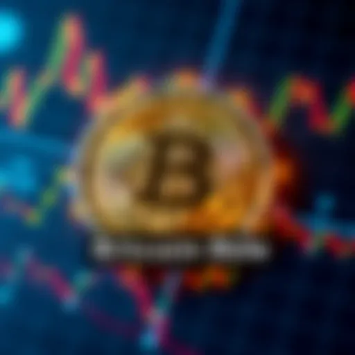 A Bitcoin symbol in the center with rising and falling financial graphs around it, representing market fluctuations