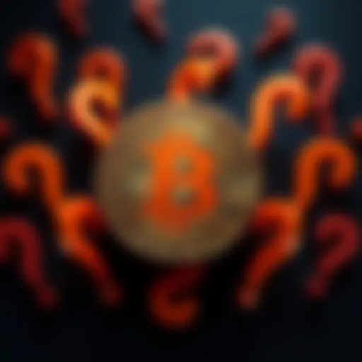 A Bitcoin symbol surrounded by question marks, symbolizing uncertainty and debate about its future and value.
