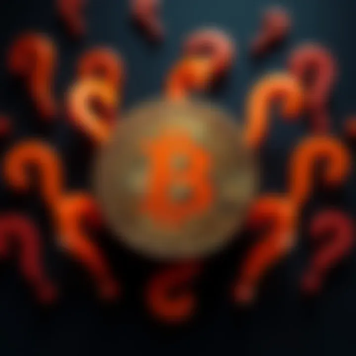 Bitcoin Symbol with Question Marks A Bitcoin symbol surrounded by question marks, symbolizing uncertainty and debate about its future and value.