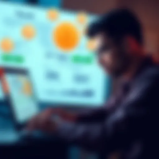 A person looking at a laptop with Bitcoin symbols and tax forms on the screen