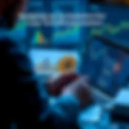 A person analyzing Bitcoin transactions and tax documents on a laptop, with charts and graphs in the background.