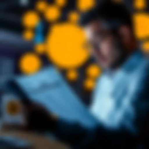 A person reviewing tax documents with Bitcoin symbols in the background, indicating tax responsibilities for cryptocurrency gains