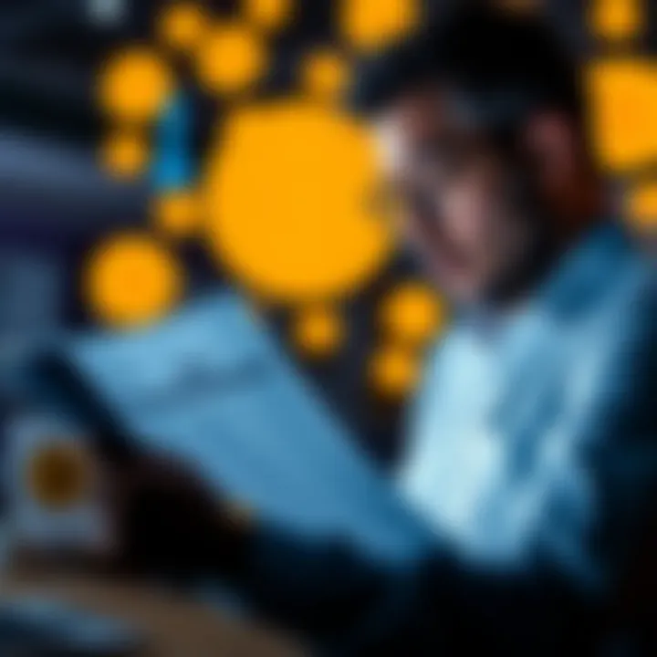 A person reviewing tax documents with Bitcoin symbols in the background, indicating tax responsibilities for cryptocurrency gains